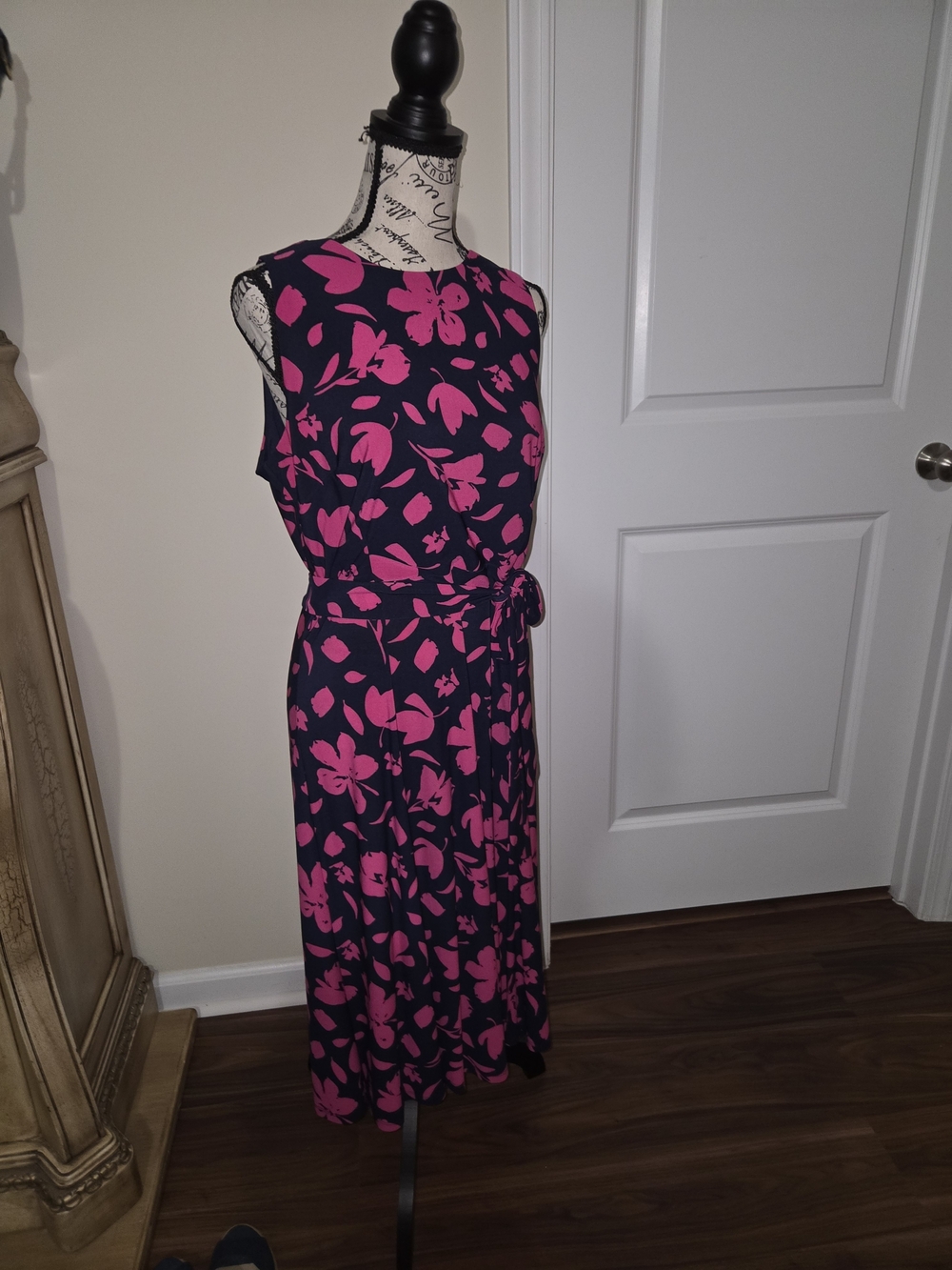 Anne Klein Navy Midi Dress with Bright Pink Floral Print and Tie Waist